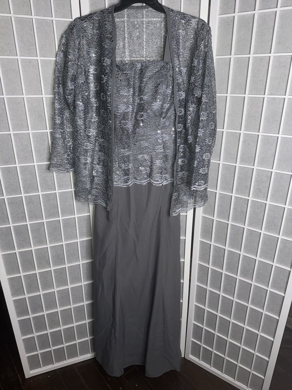 Women's Formal top Lace Mother of bride Gown Long Evening dress Size L/XL GRAY